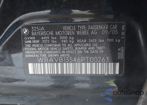 2006 BMW 325I z USA, uszkodzony, nr VIN WBAVB13546PT00263